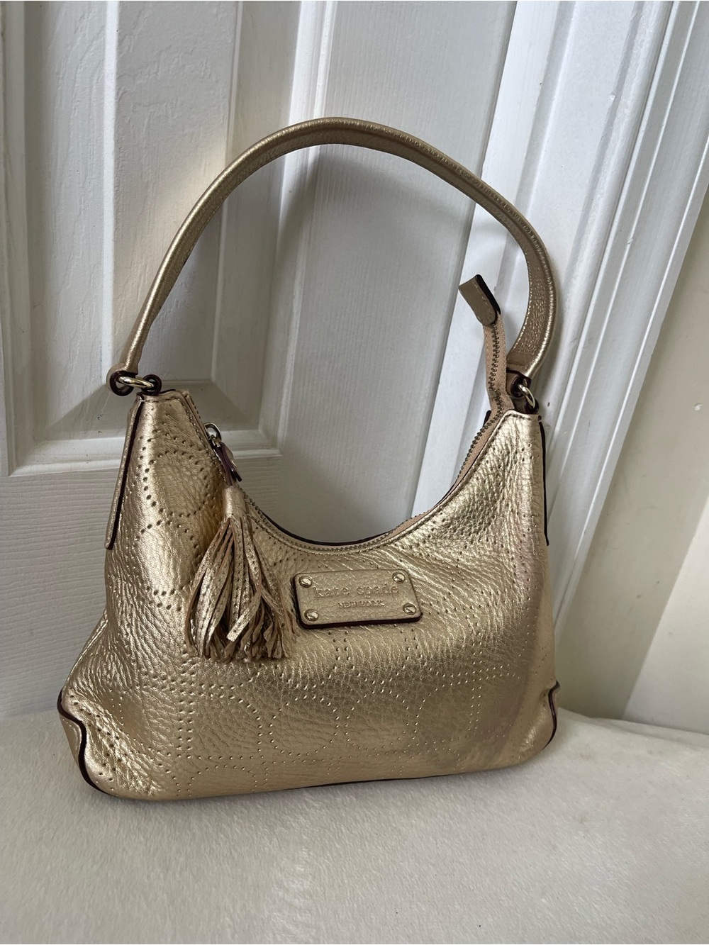 Kate Spade Y2K Vintage Metallic Gold Leather Shoulder Bag with Tassel